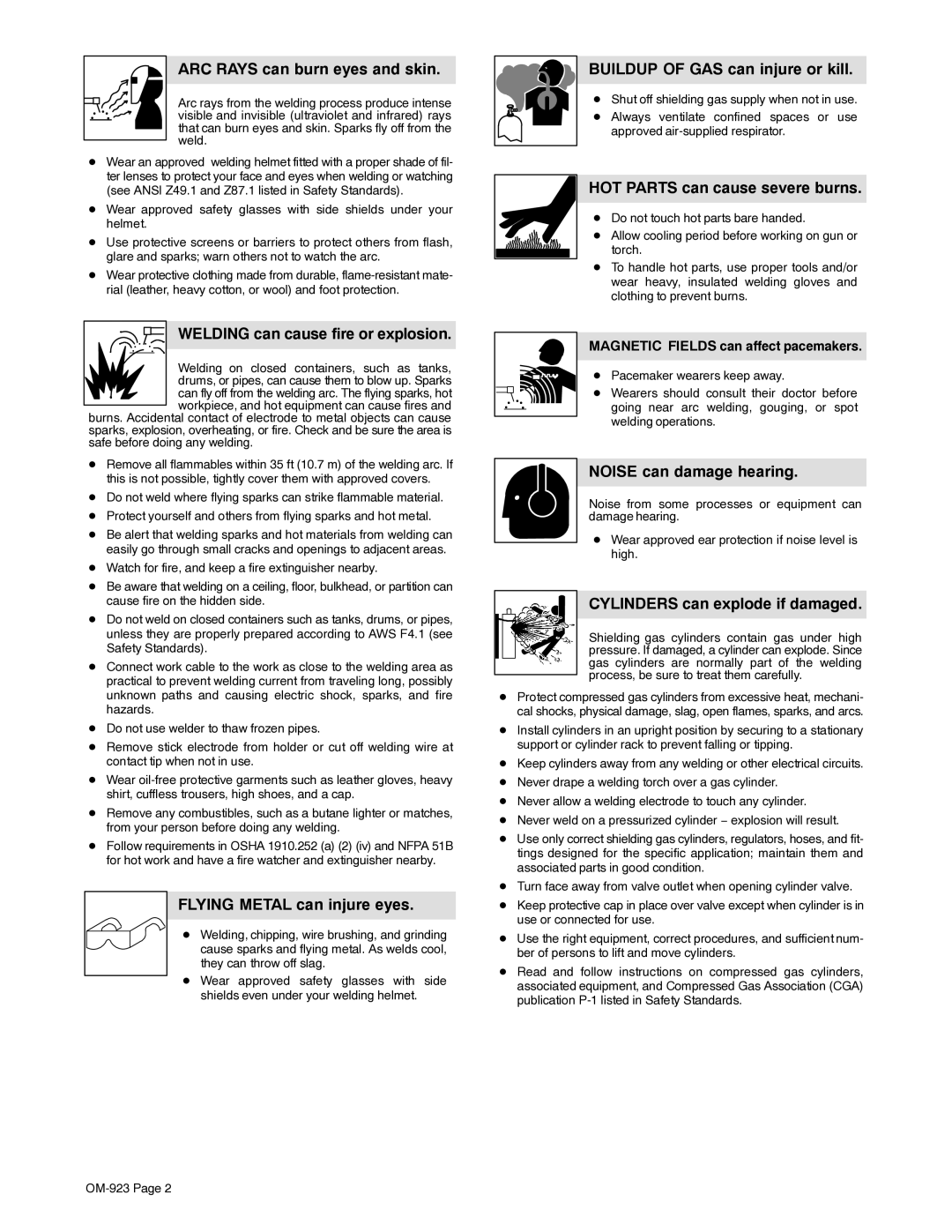 Hobart H-9B, 125 EZ ARC Rays can burn eyes and skin, Welding can cause fire or explosion, Flying Metal can injure eyes 