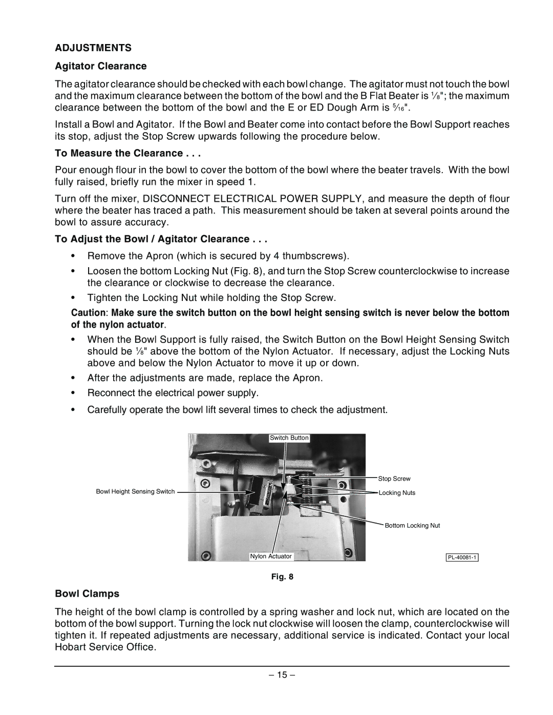 Hobart H600 manual Adjustments, To Measure the Clearance, To Adjust the Bowl / Agitator Clearance, Bowl Clamps 