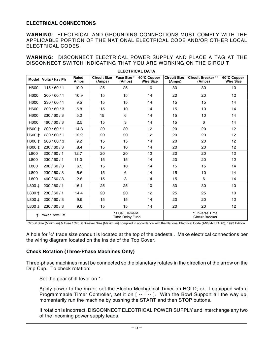 Hobart H600 manual Electrical Connections, Check Rotation Three-Phase Machines Only 