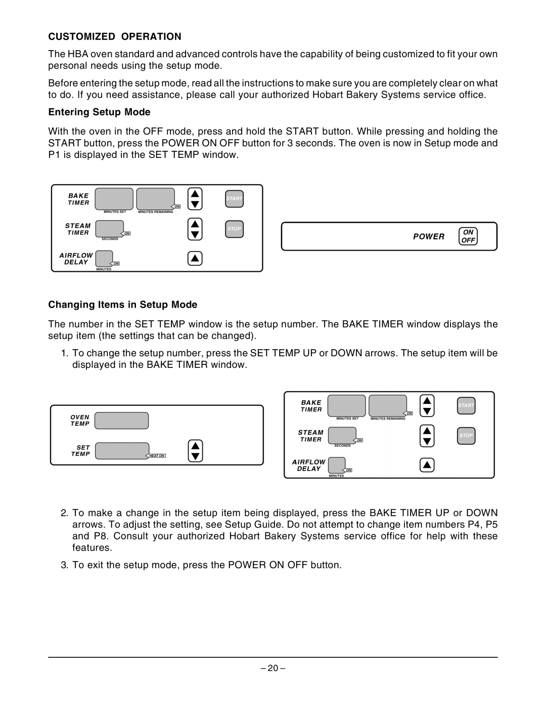 Hobart HBA2E, HBA2G manual Customized Operation, Entering Setup Mode, Changing Items in Setup Mode 