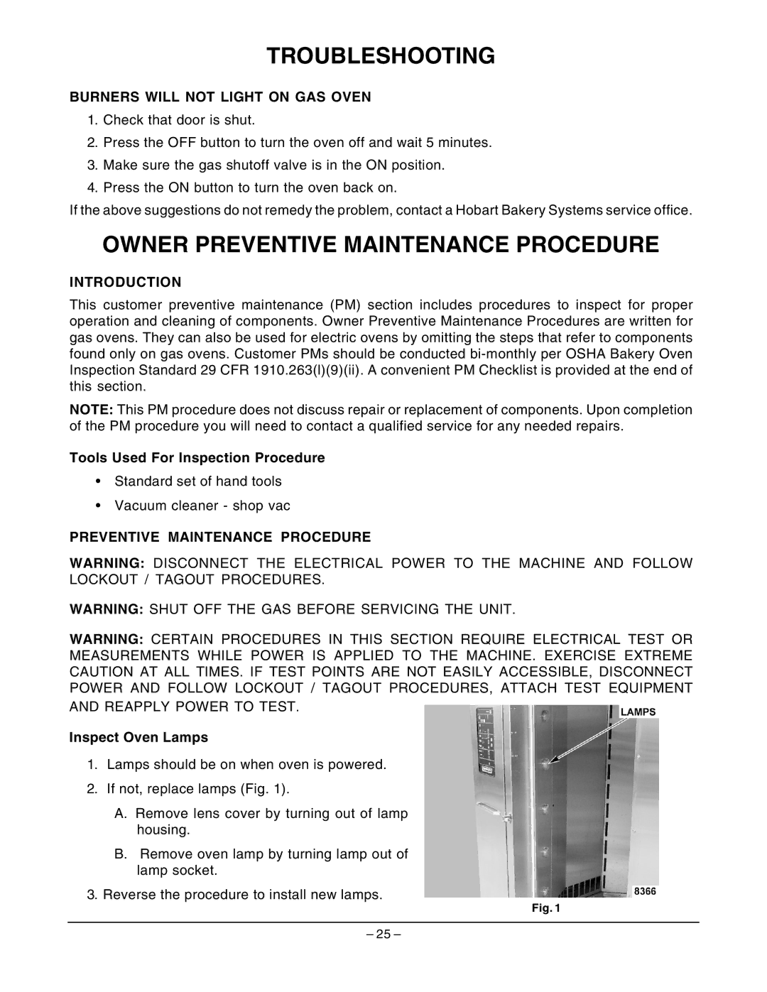 Hobart HBA2G Troubleshooting, Owner Preventive Maintenance Procedure, Burners will not Light on GAS Oven, Introduction 