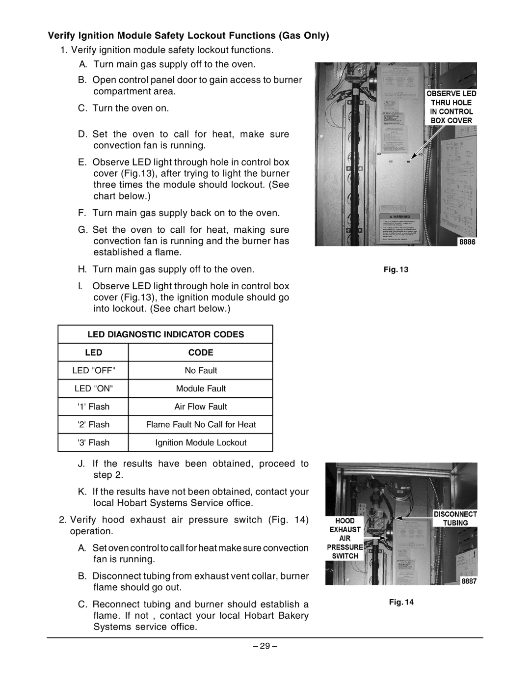 Hobart HBA2G, HBA2E manual Verify Ignition Module Safety Lockout Functions Gas Only, LED Diagnostic Indicator Codes 