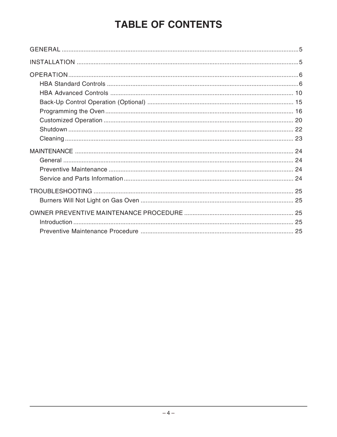 Hobart HBA2E, HBA2G manual Table of Contents 