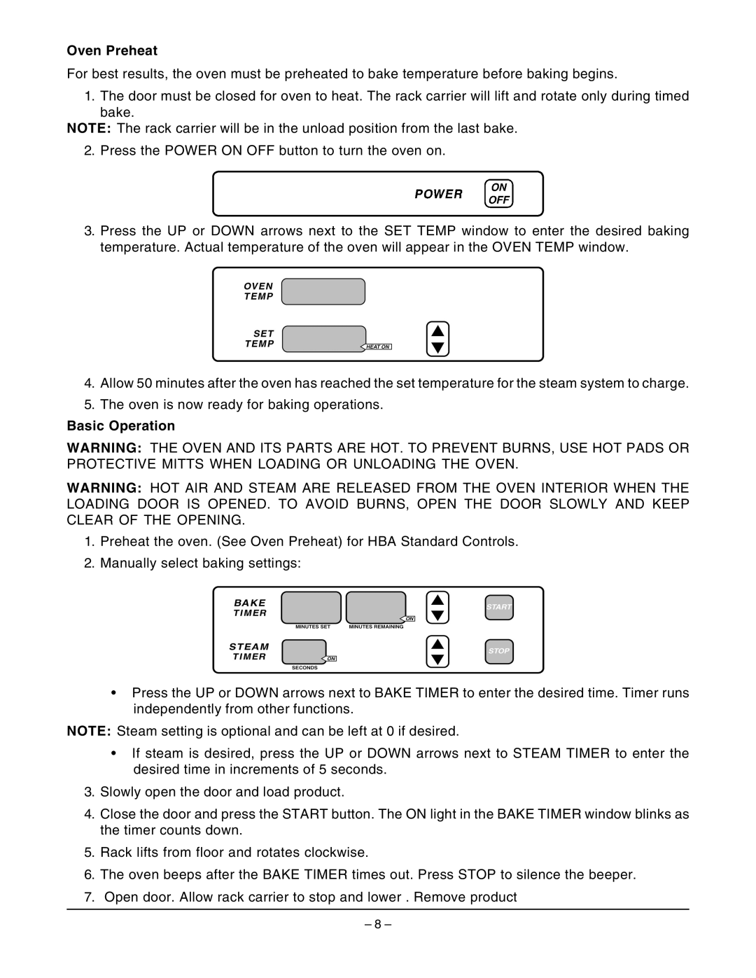 Hobart HBA2E, HBA2G manual Oven Preheat, Basic Operation 