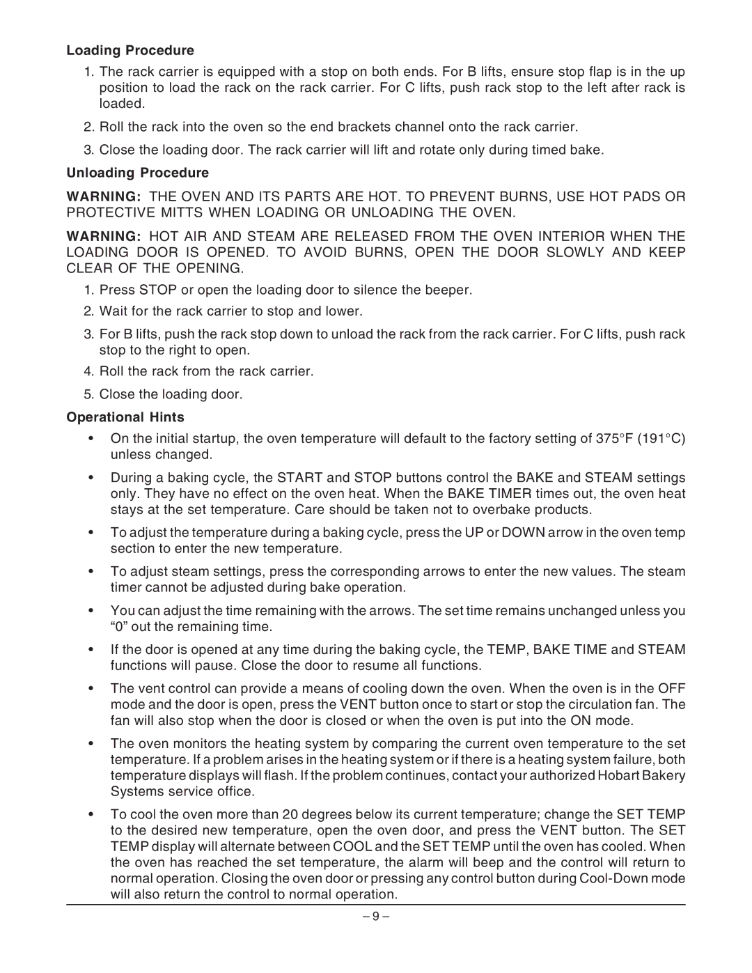 Hobart HBA2G, HBA2E manual Loading Procedure, Unloading Procedure, Operational Hints 