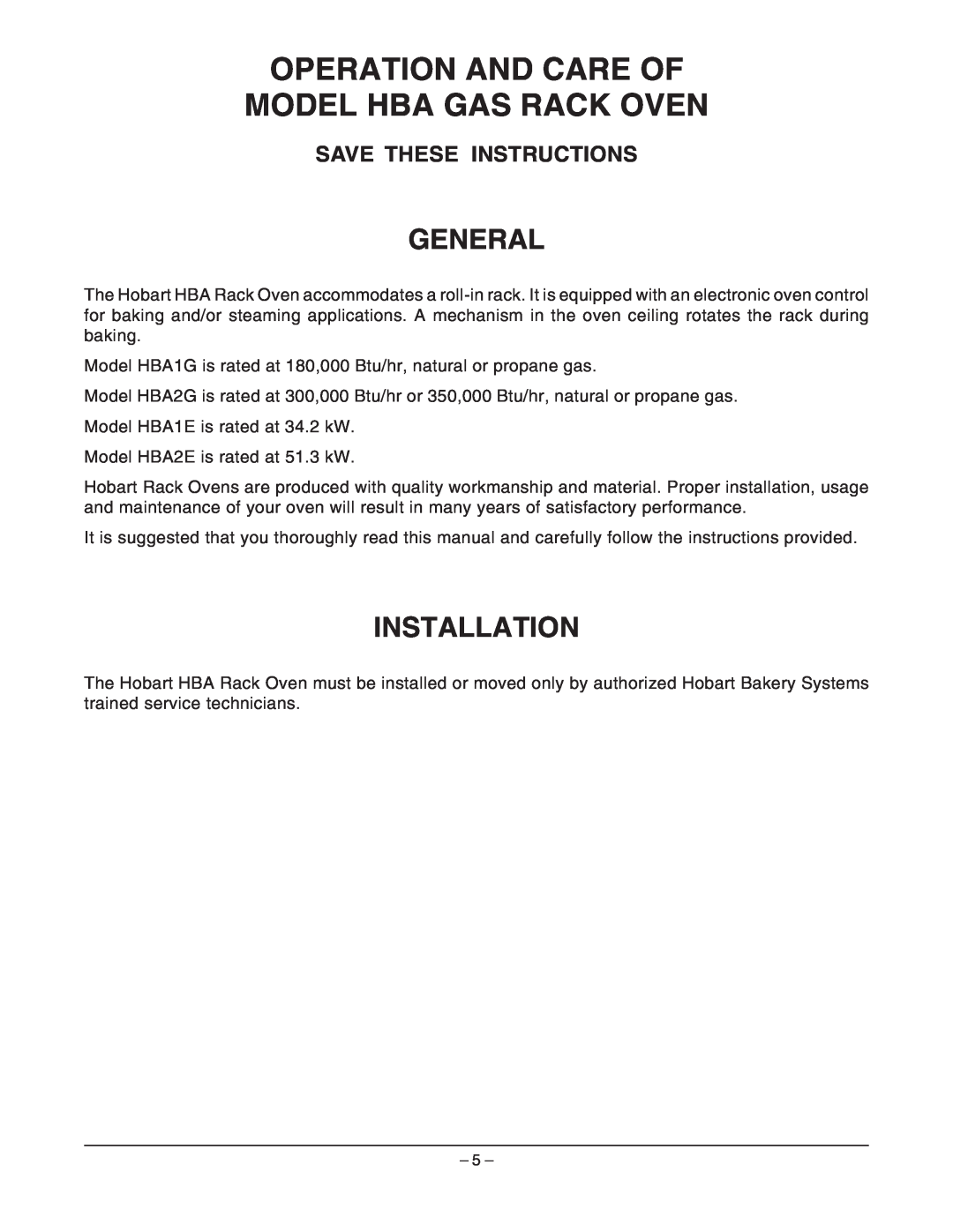 Hobart HBA2G, HBA2E manual General, Installation, Save These Instructions, Operation And Care Of Model Hba Gas Rack Oven 