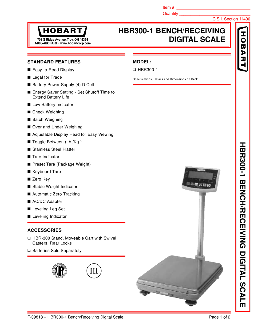 Hobart specifications Digital Scale, HBR300-1 BENCH/RECEIVING Digital 