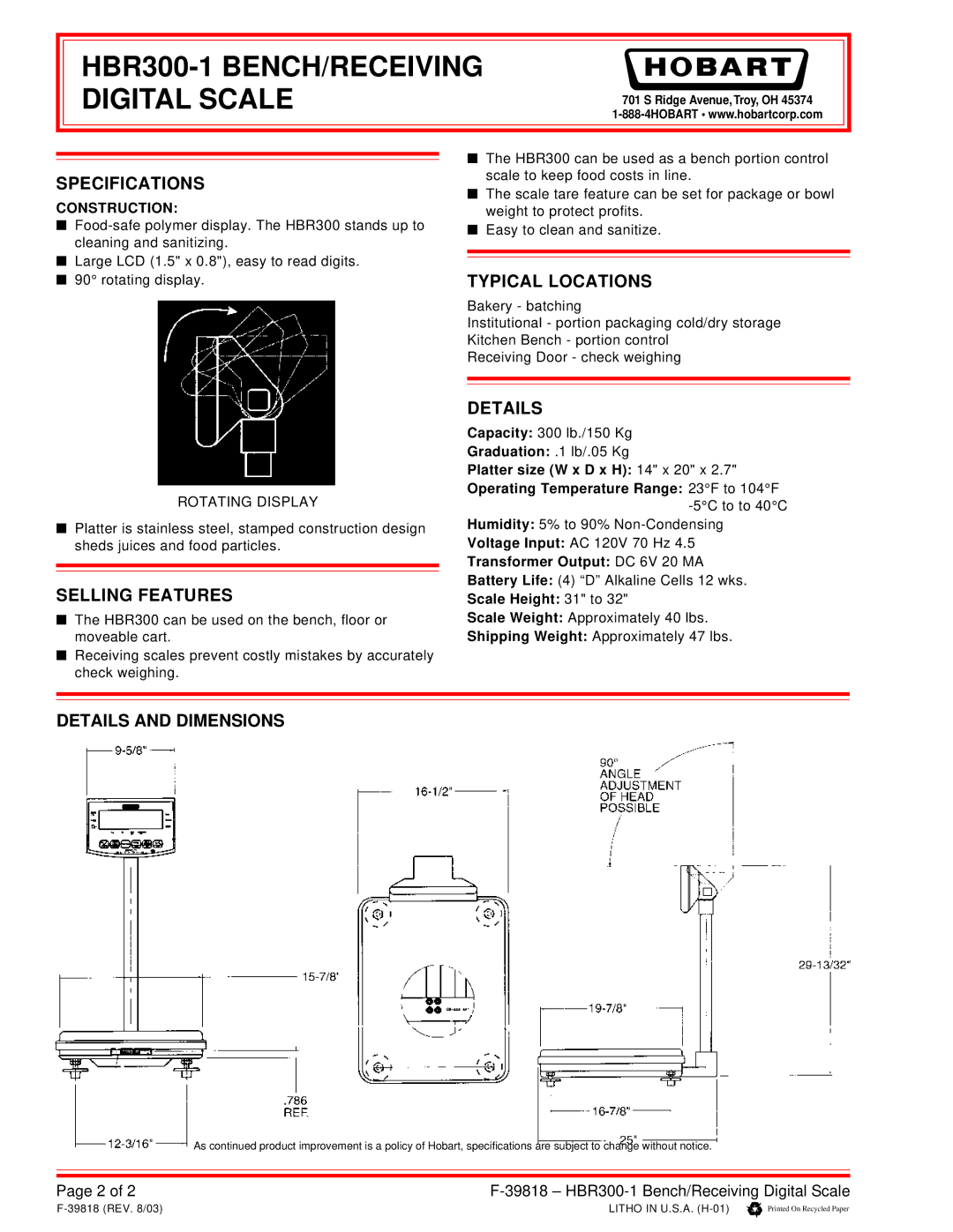 Hobart specifications HBR300-1 BENCH/RECEIVING Digital Scale 