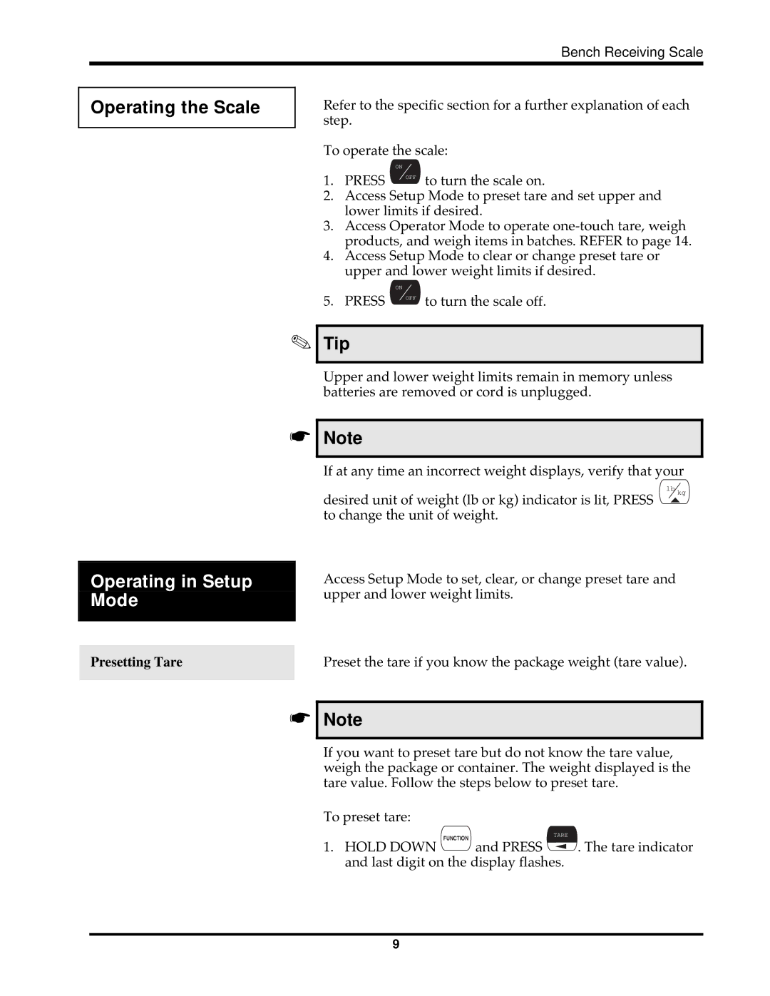 Hobart HBR300 instruction manual Operating the Scale, Operating in Setup Mode, Presetting Tare 