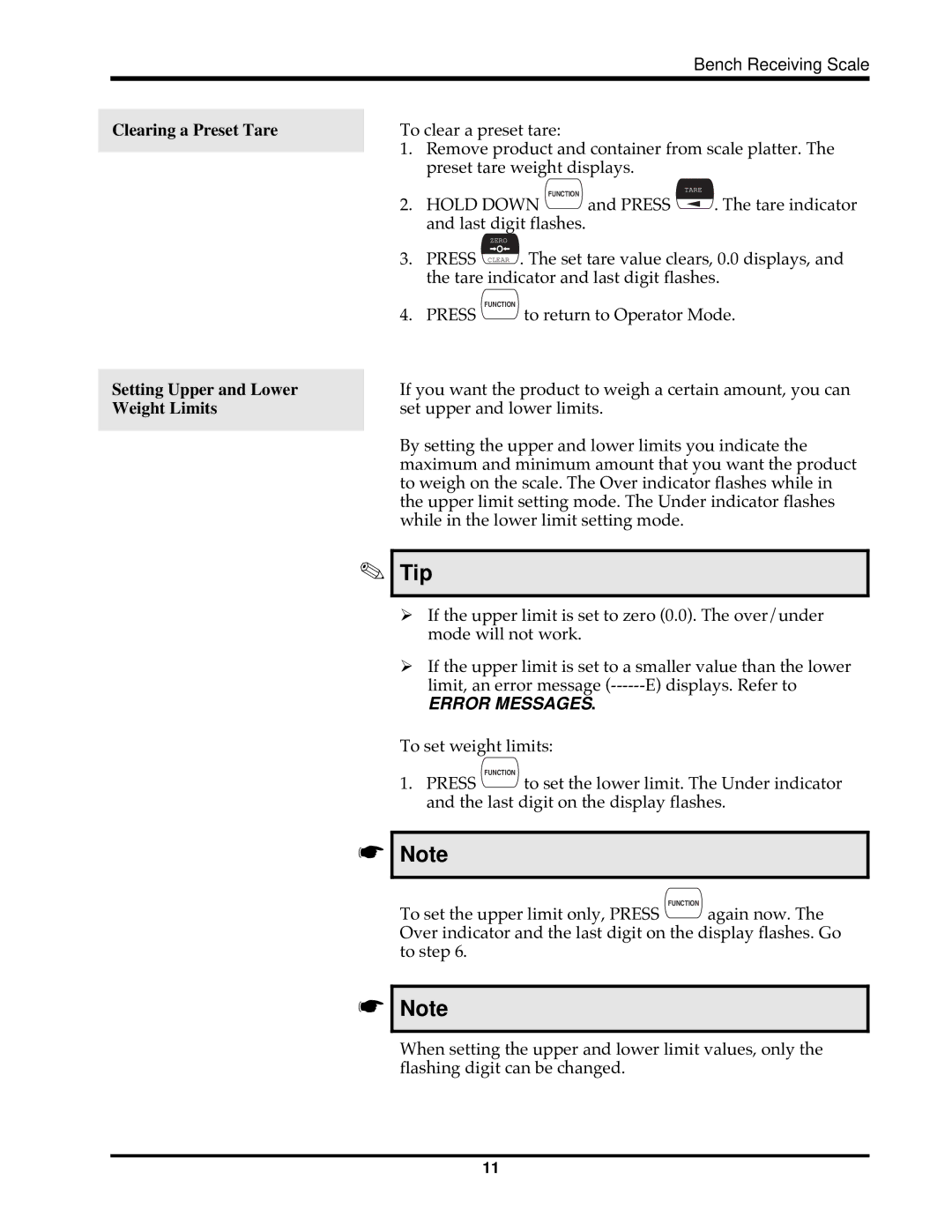 Hobart HBR300 instruction manual Clearing a Preset Tare, Setting Upper and Lower, Weight Limits 