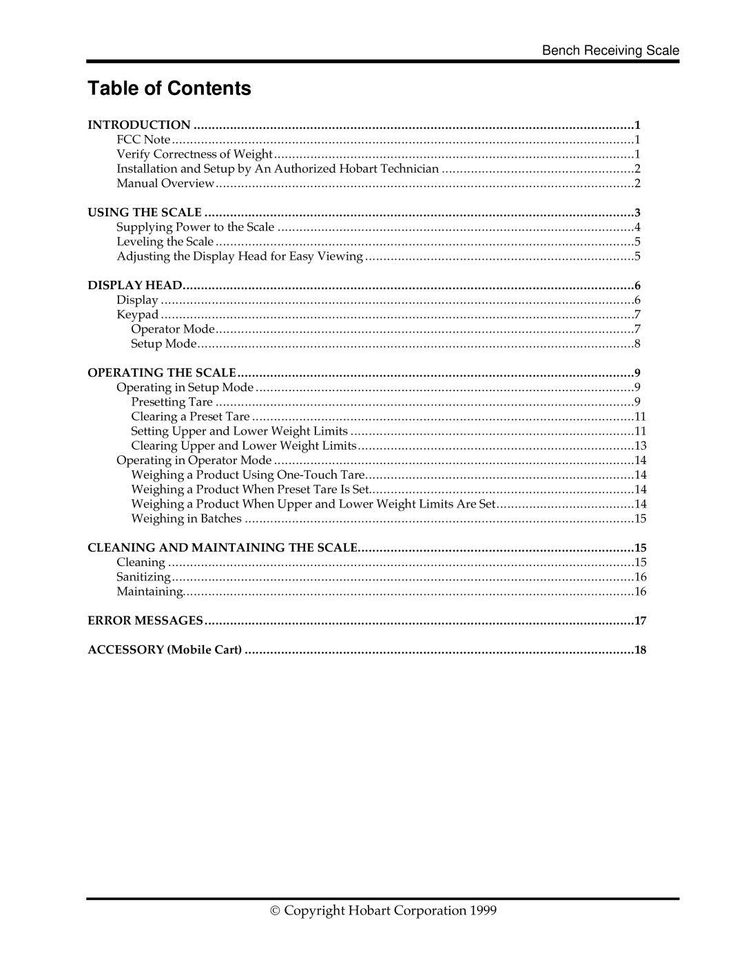 Hobart HBR300 instruction manual Table of Contents 