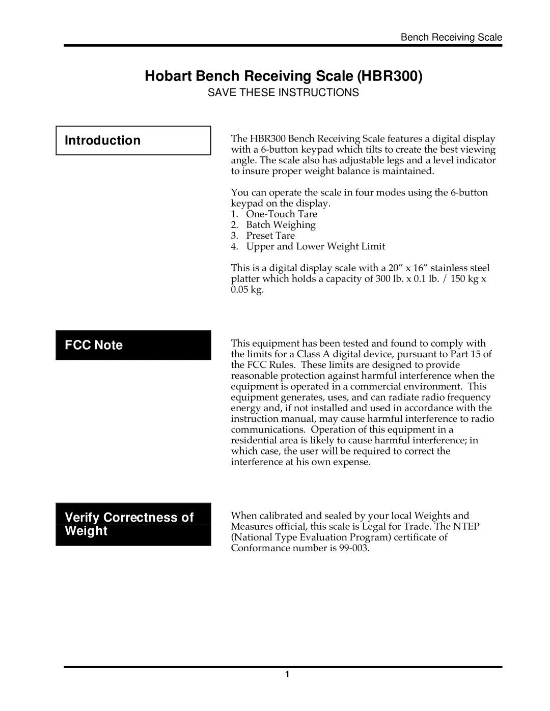 Hobart HBR300 instruction manual Introduction, FCC Note, Verify Correctness of Weight 