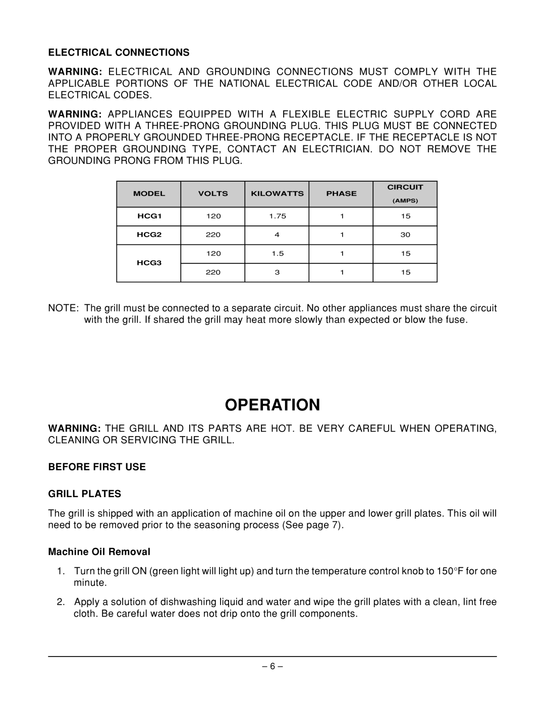 Hobart HCG1 ML-132000 manual Operation, Electrical Connections, Before First USE Grill Plates, Machine Oil Removal 