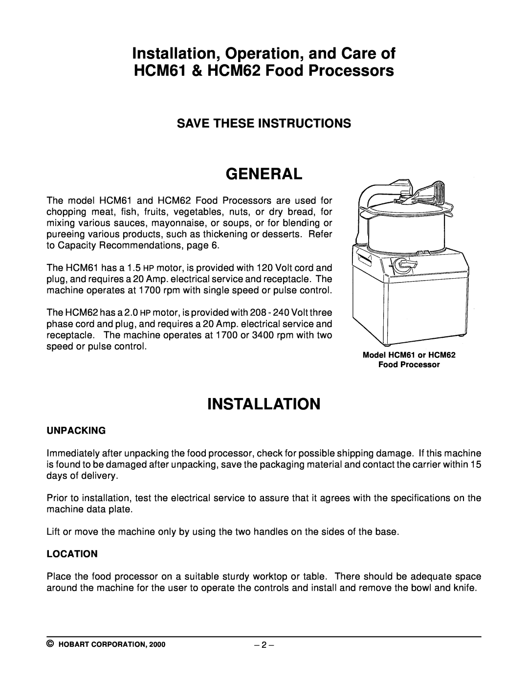 Hobart manual Installation, Operation, and Care of HCM61 & HCM62 Food Processors, General, Save These Instructions 