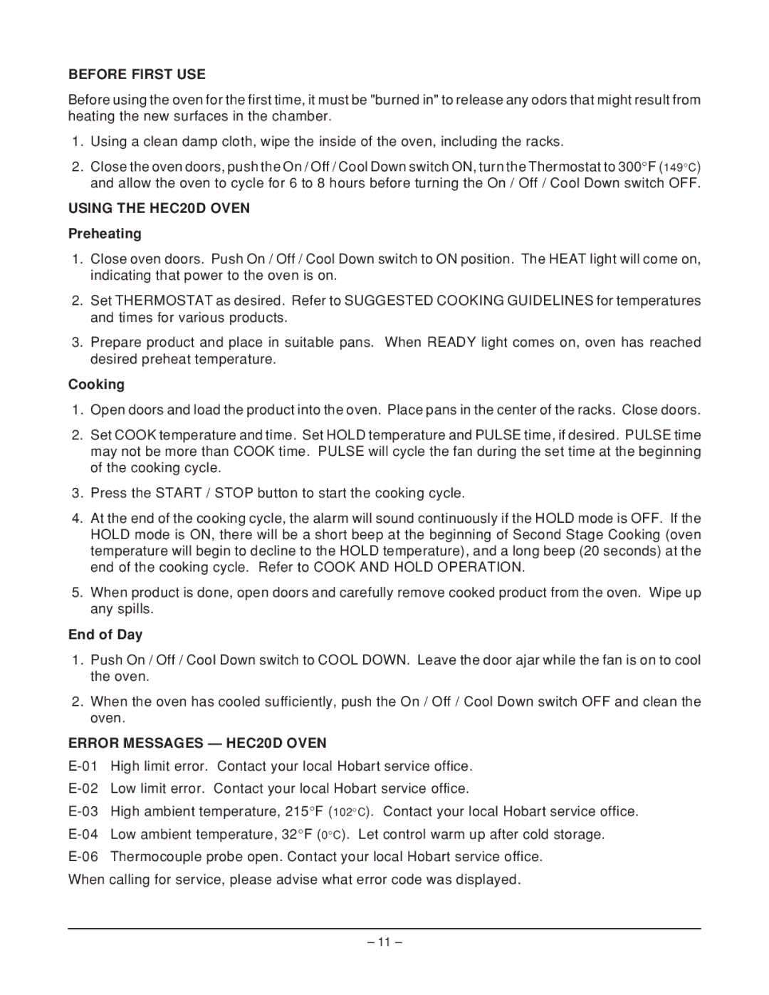 Hobart HEC20 ML-114574, HEC20D ML-114576 manual Using the HEC20D Oven, Error Messages HEC20D Oven 