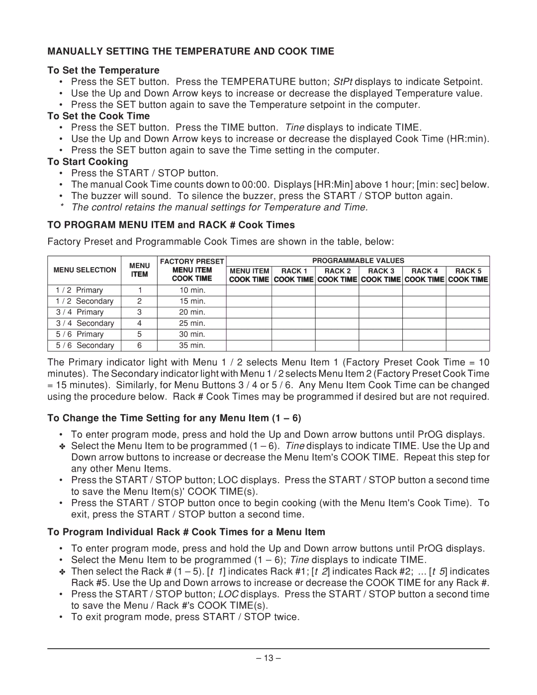 Hobart HEC20 ML-114574, HEC20D ML-114576 manual Manually Setting the Temperature and Cook Time 