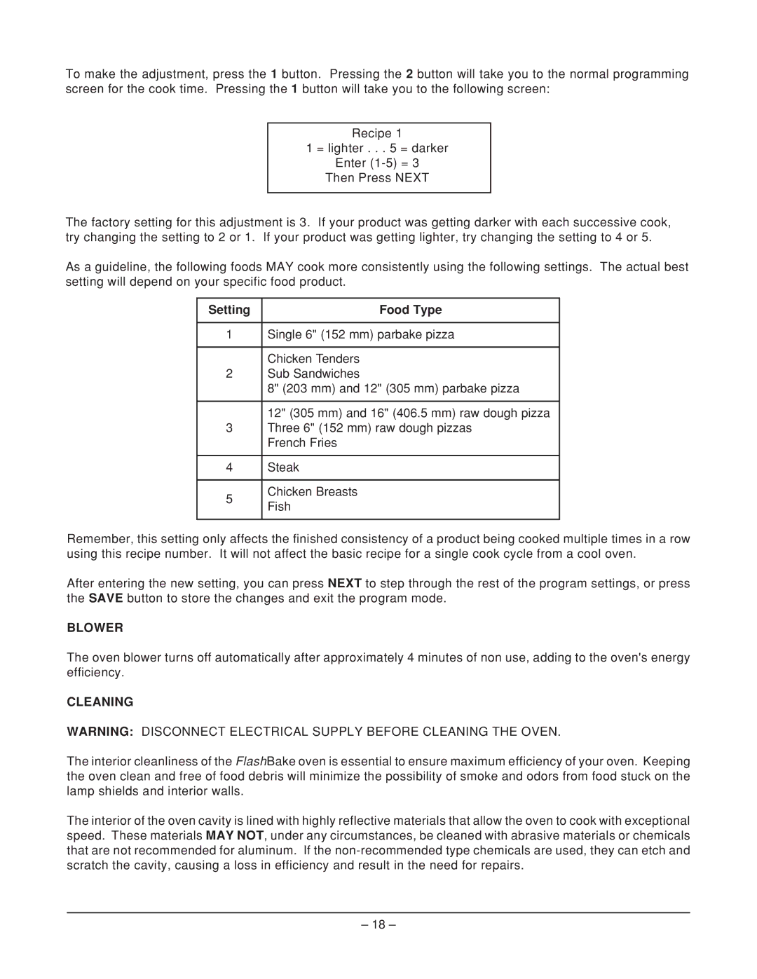 Hobart HFB12 ML-114906, HFB12 ML-114909 manual Setting Food Type, Blower, Cleaning 