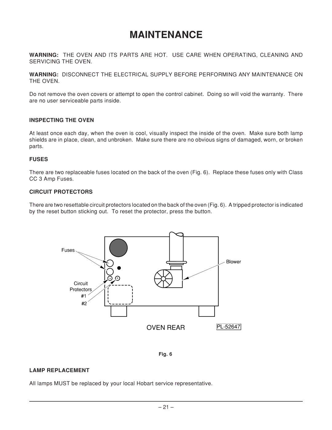 Hobart HFB12 ML-114909, HFB12 ML-114906 manual Maintenance, Inspecting the Oven, Fuses, Circuit Protectors, Lamp Replacement 