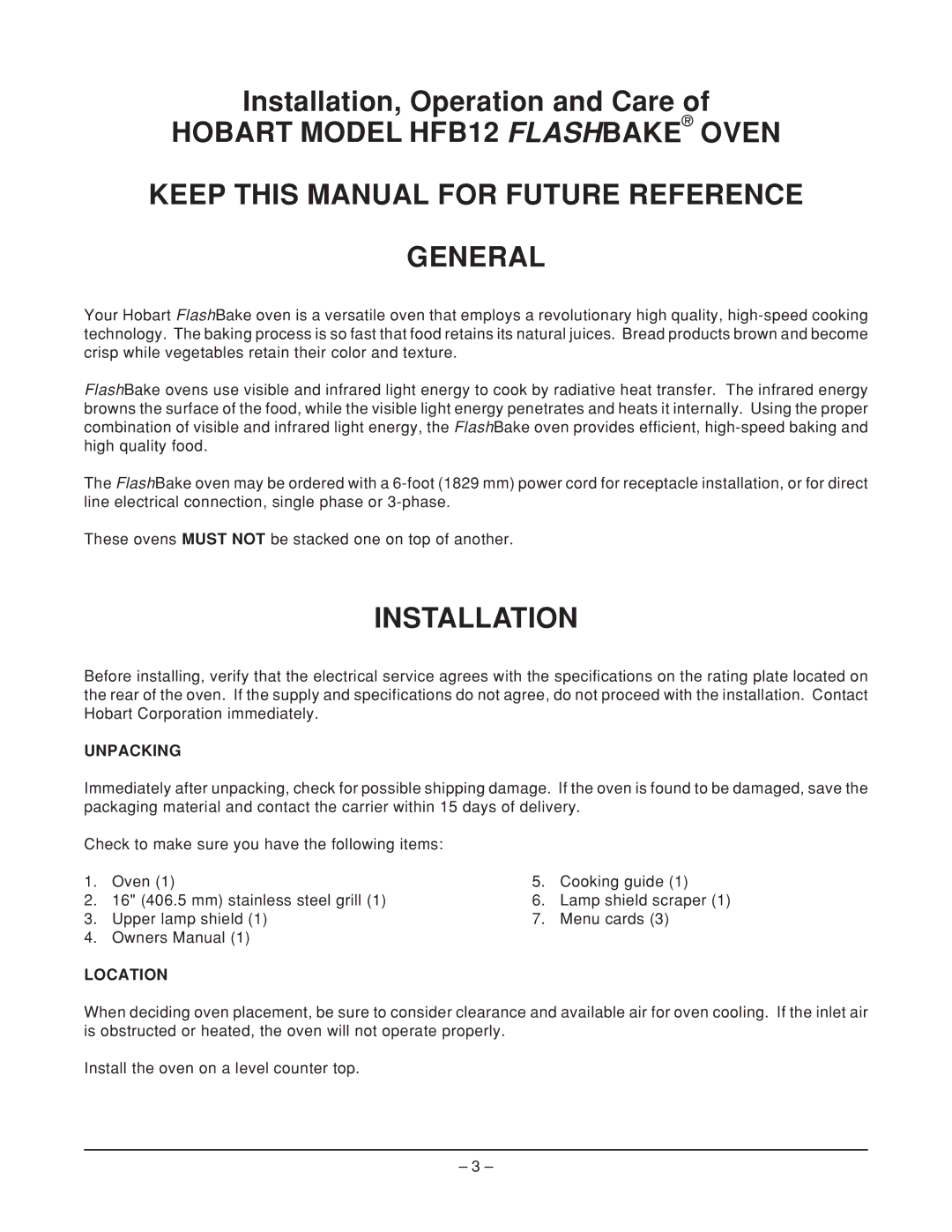 Hobart HFB12 ML-114909, HFB12 ML-114906 manual Installation, Unpacking, Location 