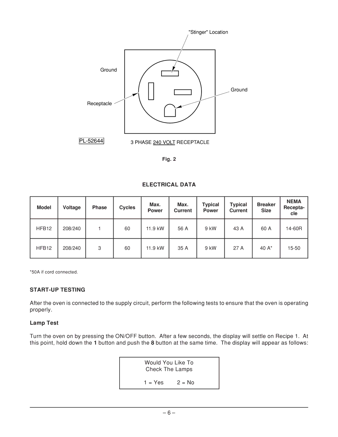 Hobart HFB12 ML-114906, HFB12 ML-114909 manual Electrical Data, START-UP Testing, Lamp Test 