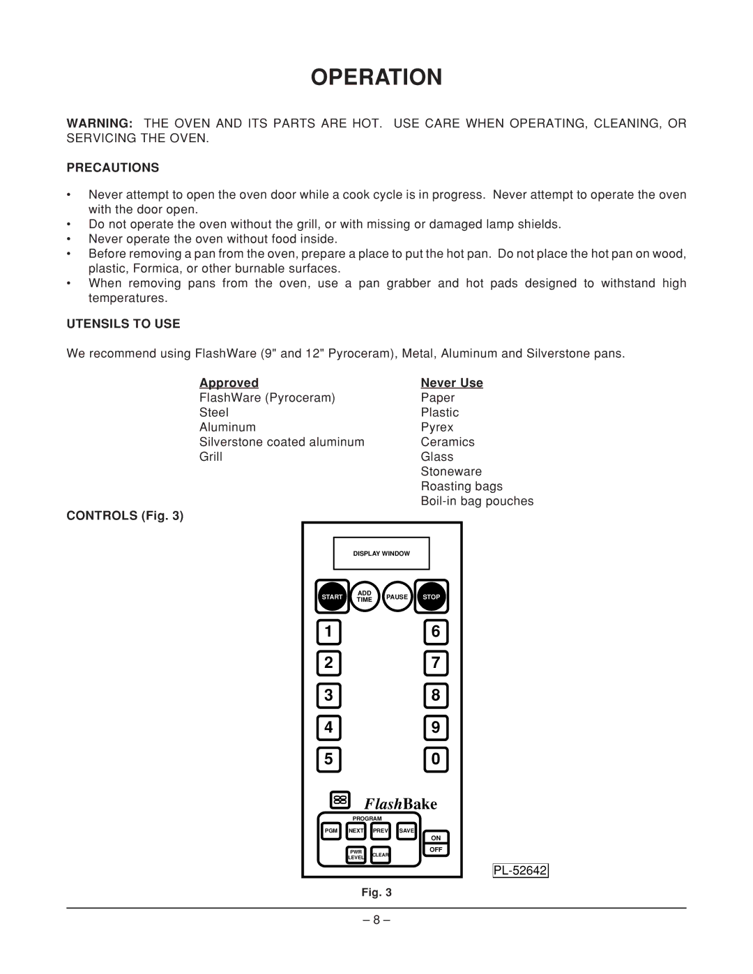 Hobart HFB12 ML-114906, HFB12 ML-114909 manual Operation, Precautions, Utensils to USE, Approved Never Use, Controls Fig 