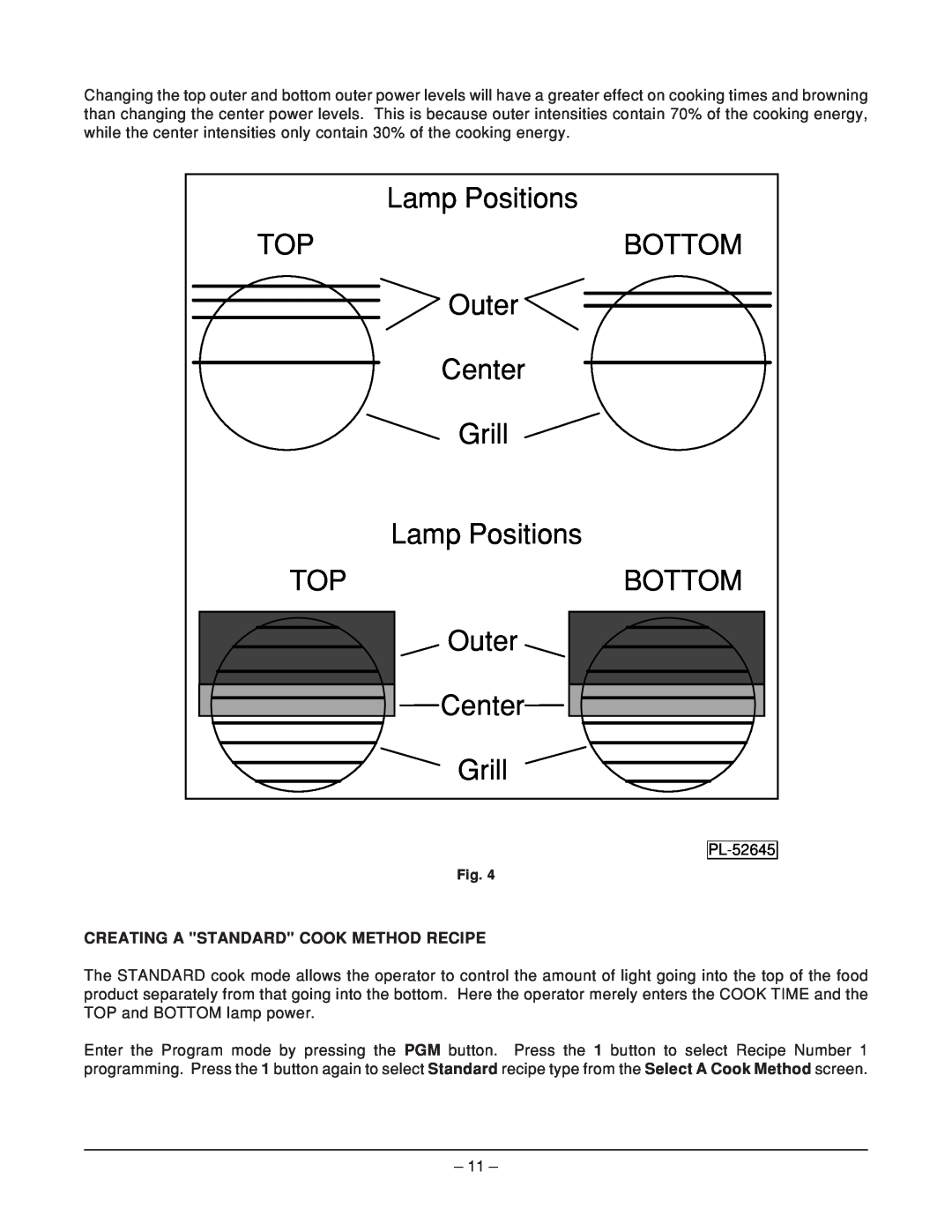 Hobart HFB12 ML-114909 manual Creating A Standard Cook Method Recipe, Lamp Positions, Bottom, Center, Outer, Grill 