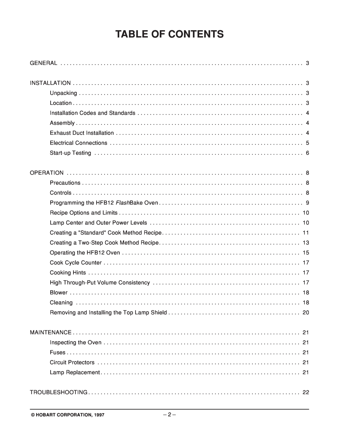 Hobart HFB12 ML-114906, HFB12 ML-114909 manual Table Of Contents 