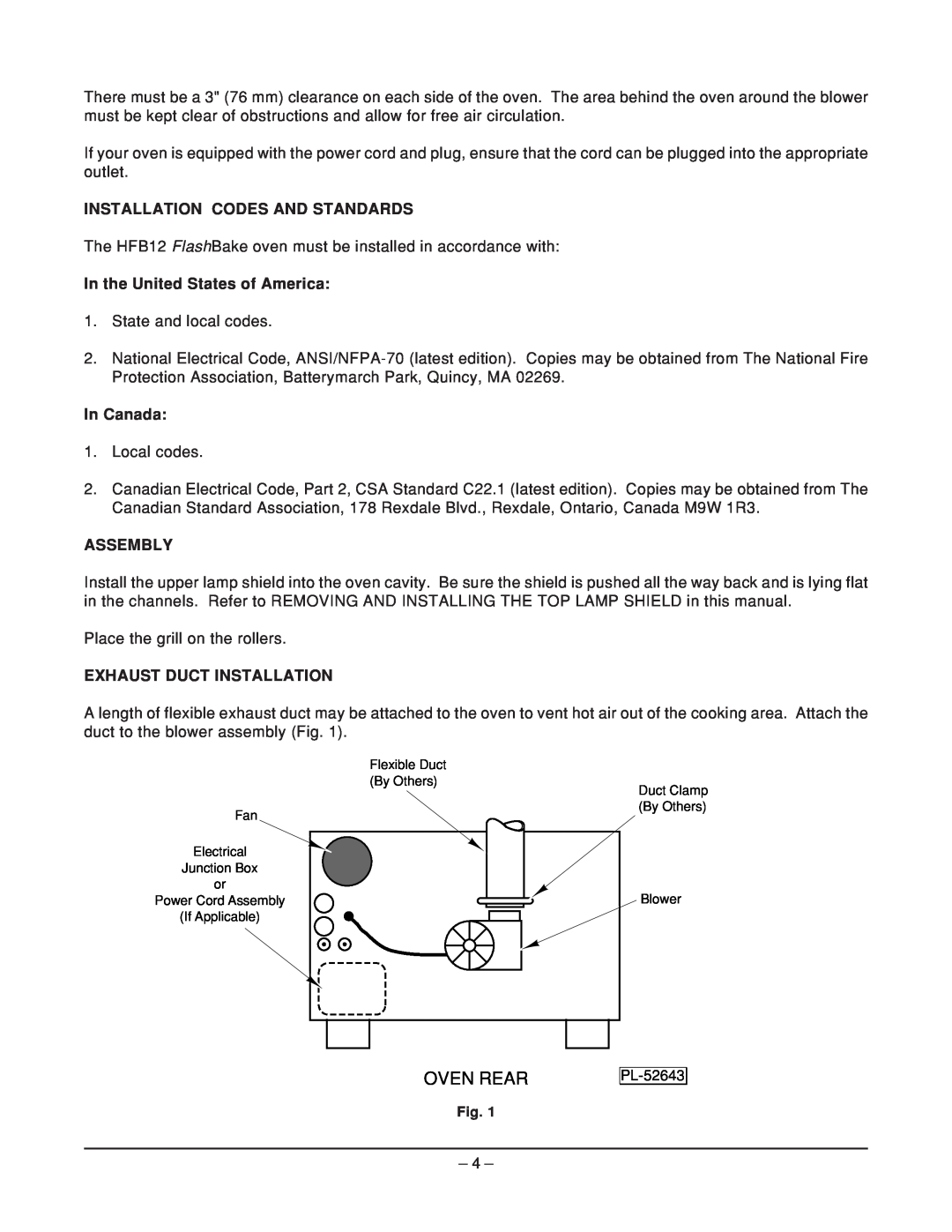 Hobart HFB12 ML-114906 Installation Codes And Standards, In the United States of America, In Canada, Assembly, Oven Rear 