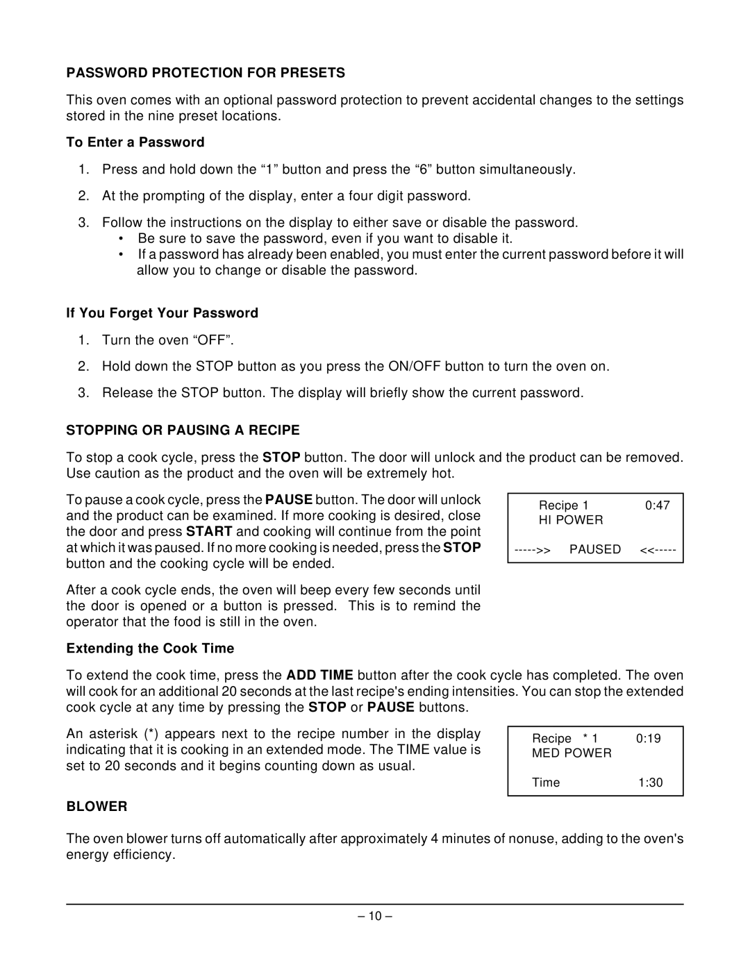 Hobart HFB6 manual Password Protection for Presets, Stopping or Pausing a Recipe, Blower 