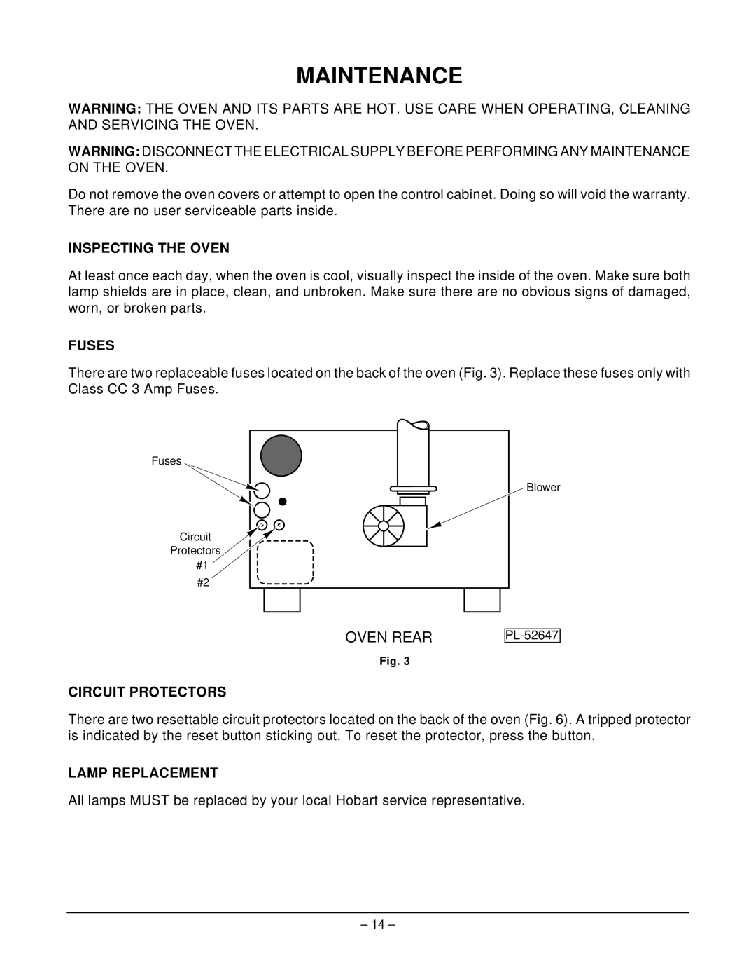 Hobart HFB6 manual Maintenance, Inspecting the Oven, Fuses, Circuit Protectors, Lamp Replacement 