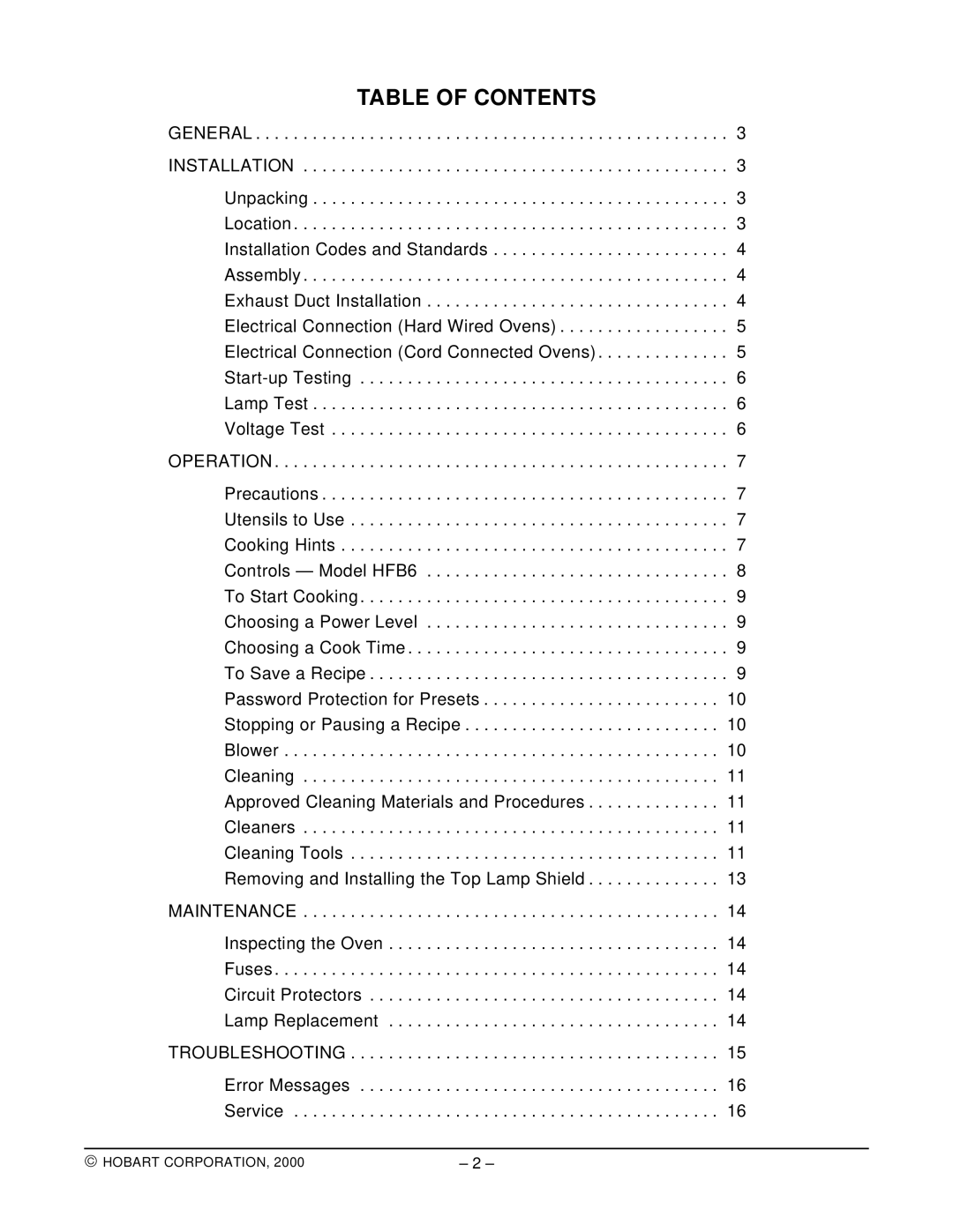 Hobart HFB6 manual Table of Contents 