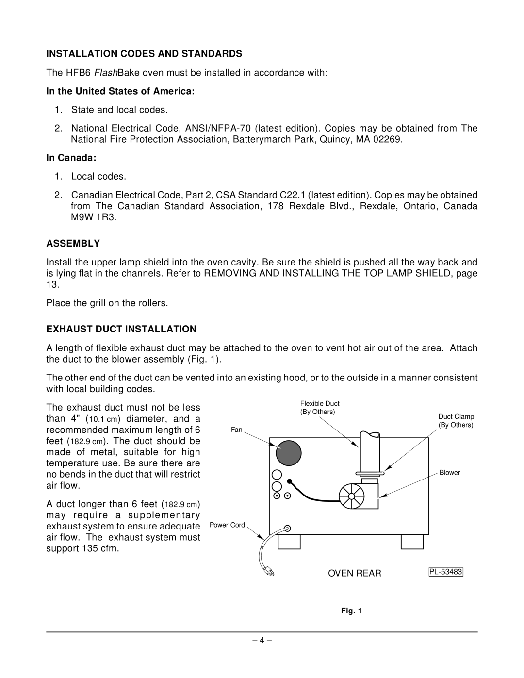 Hobart HFB6 manual Installation Codes and Standards, United States of America, Canada, Assembly, Exhaust Duct Installation 