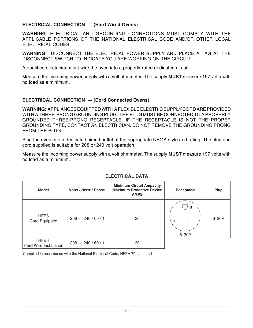 Hobart HFB6 manual Electrical Connection Hard Wired Ovens, Electrical Connection Cord Connected Ovens, Electrical Data 