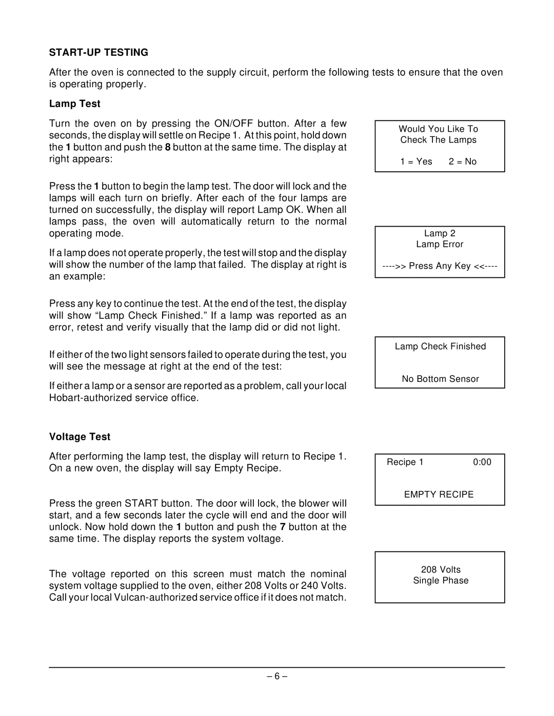 Hobart HFB6 manual START-UP Testing, Lamp Test, Voltage Test 