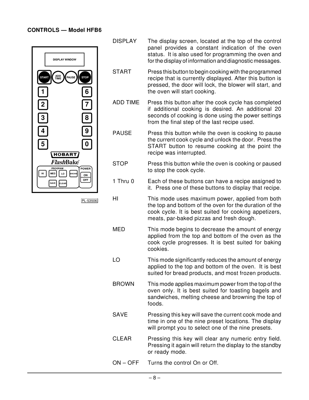 Hobart manual Controls Model HFB6, On OFF 