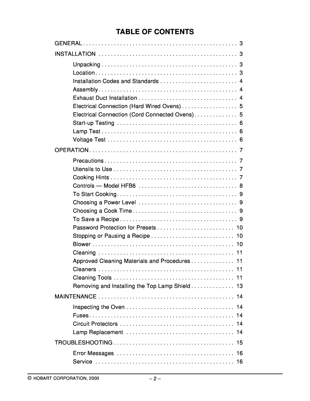 Hobart HFB6 manual Table Of Contents 