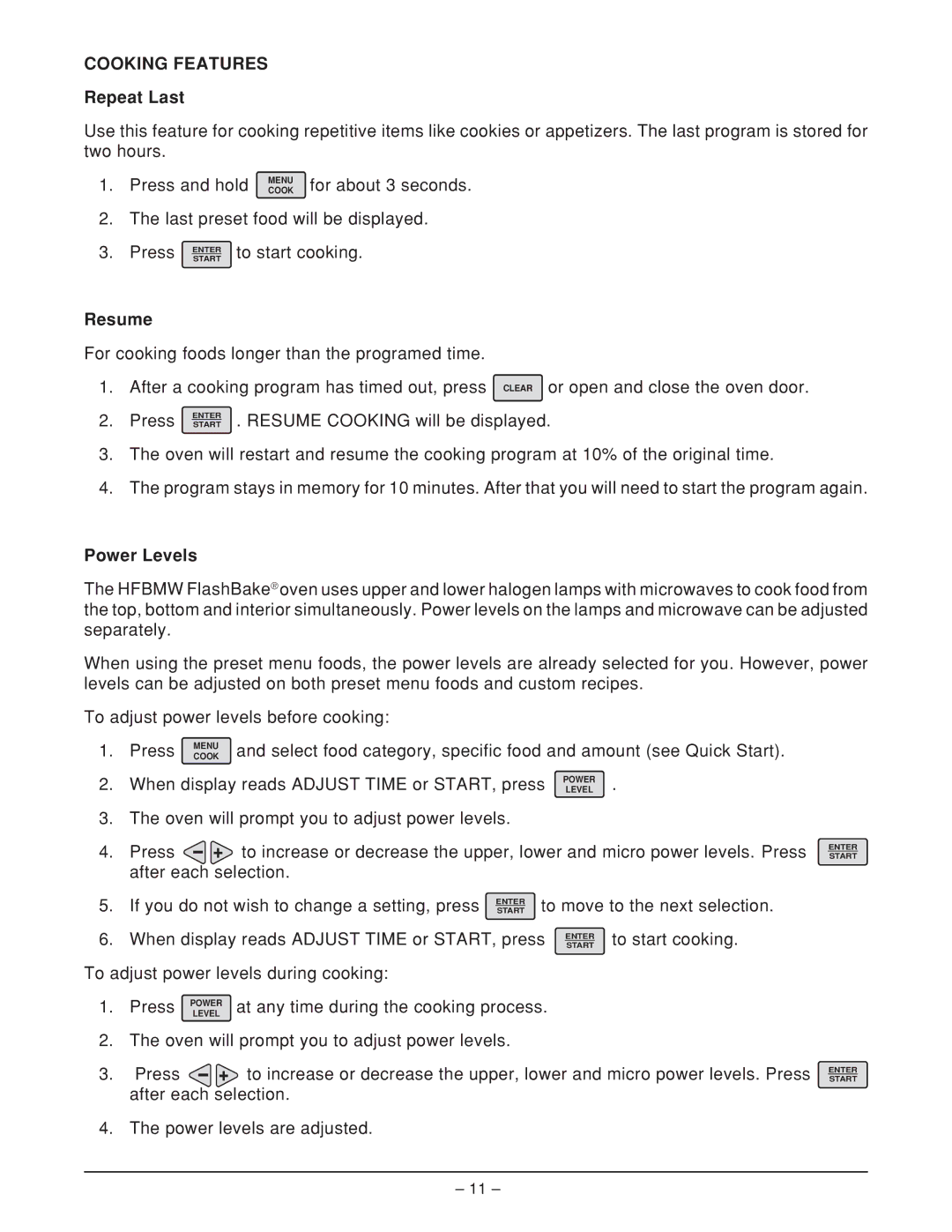 Hobart HFBMW2 ML-126818, HFBMW3 manual Cooking Features, Repeat Last, Resume, Power Levels 