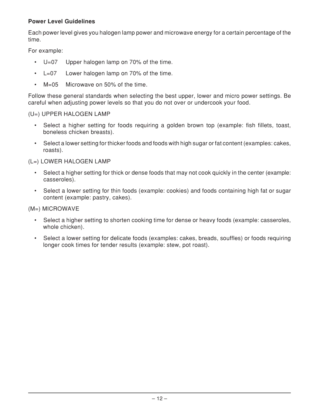 Hobart HFBMW3, HFBMW2 ML-126818 manual Power Level Guidelines, = Upper Halogen Lamp 