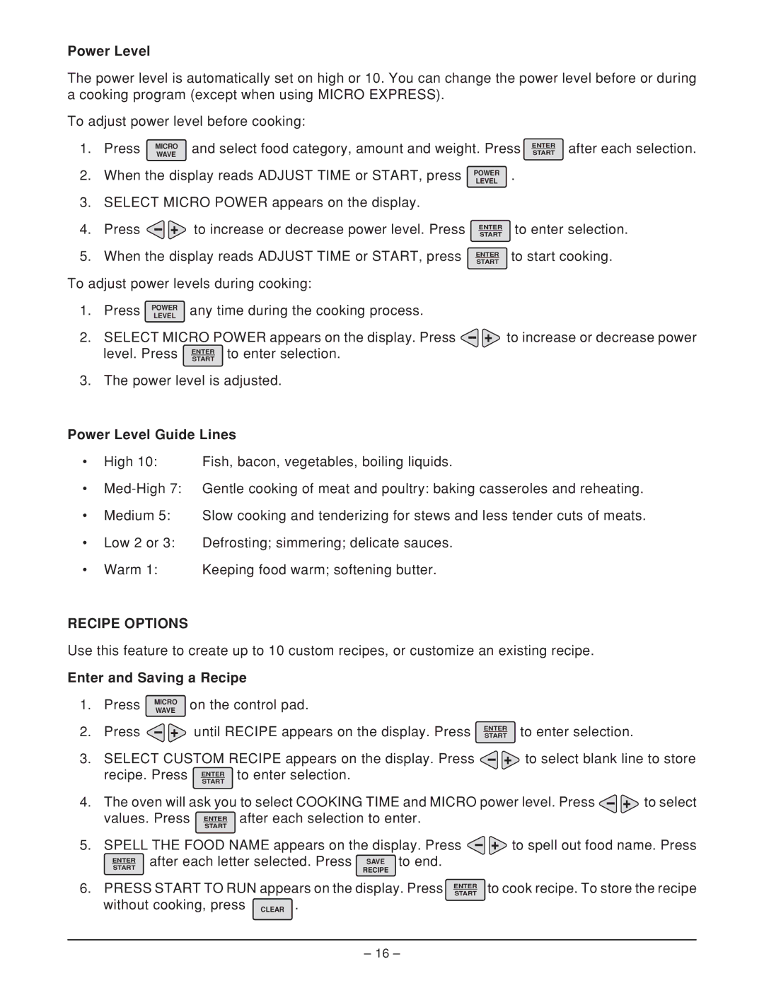 Hobart HFBMW3, HFBMW2 ML-126818 manual Power Level Guide Lines, Enter and Saving a Recipe 