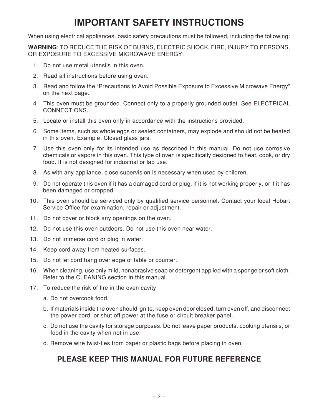 Hobart HFBMW3, HFBMW2 ML-126818 manual Important Safety Instructions 