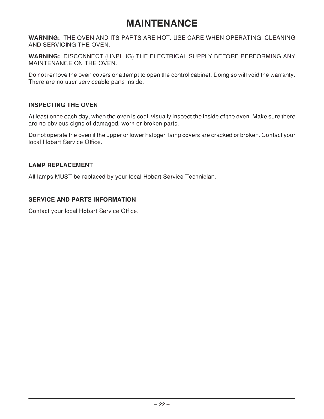 Hobart HFBMW3, HFBMW2 ML-126818 manual Maintenance, Inspecting the Oven, Lamp Replacement, Service and Parts Information 