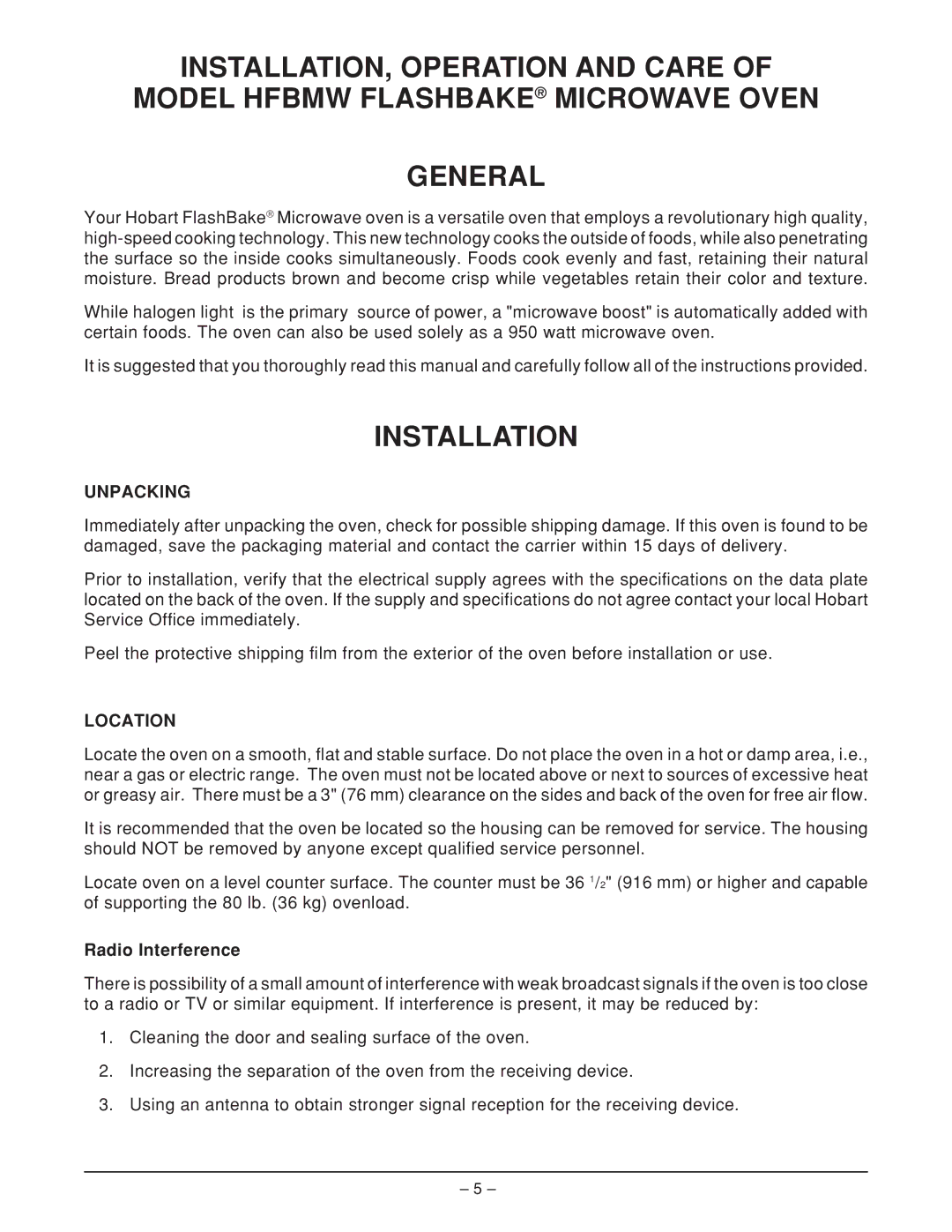 Hobart HFBMW2 ML-126818, HFBMW3 manual Installation, Unpacking, Location, Radio Interference 