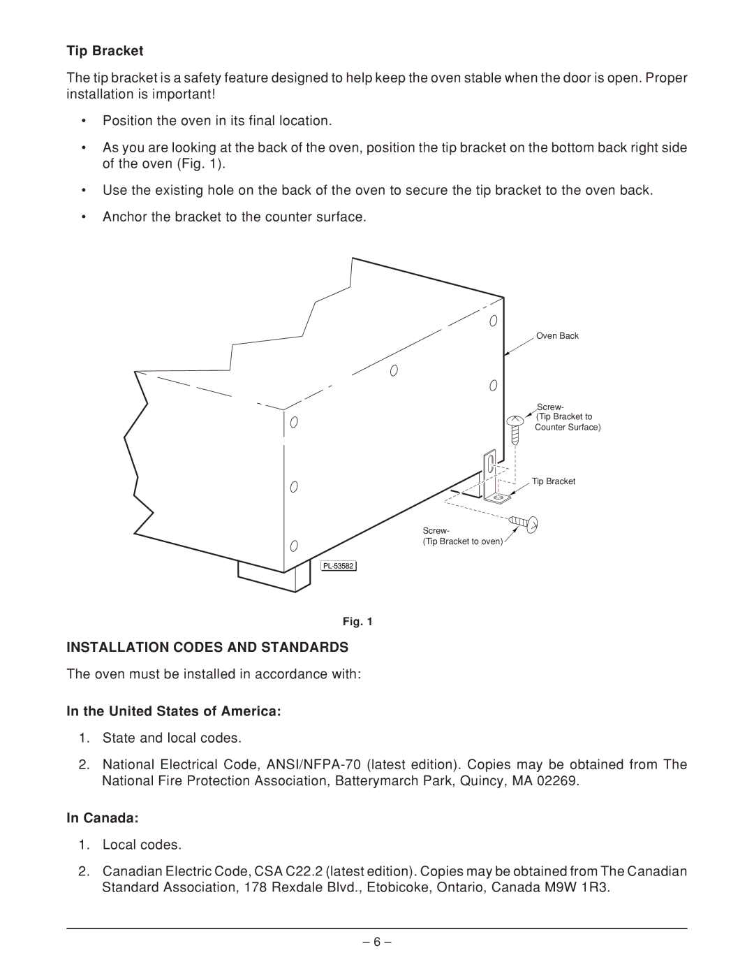 Hobart HFBMW3, HFBMW2 ML-126818 manual Tip Bracket, Installation Codes and Standards, United States of America, Canada 