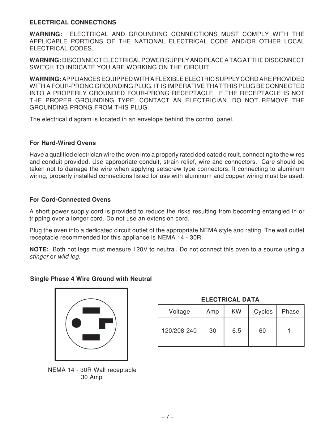 Hobart HFBMW2 ML-126818, HFBMW3 Electrical Connections, For Hard-Wired Ovens, For Cord-Connected Ovens, Electrical Data 