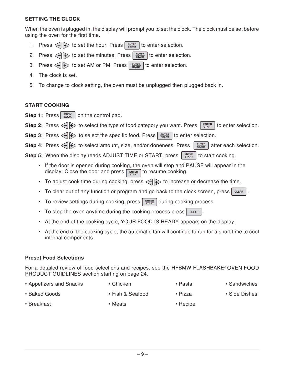 Hobart HFBMW2 ML-126818, HFBMW3 manual Setting the Clock, Start Cooking, Press, Preset Food Selections 