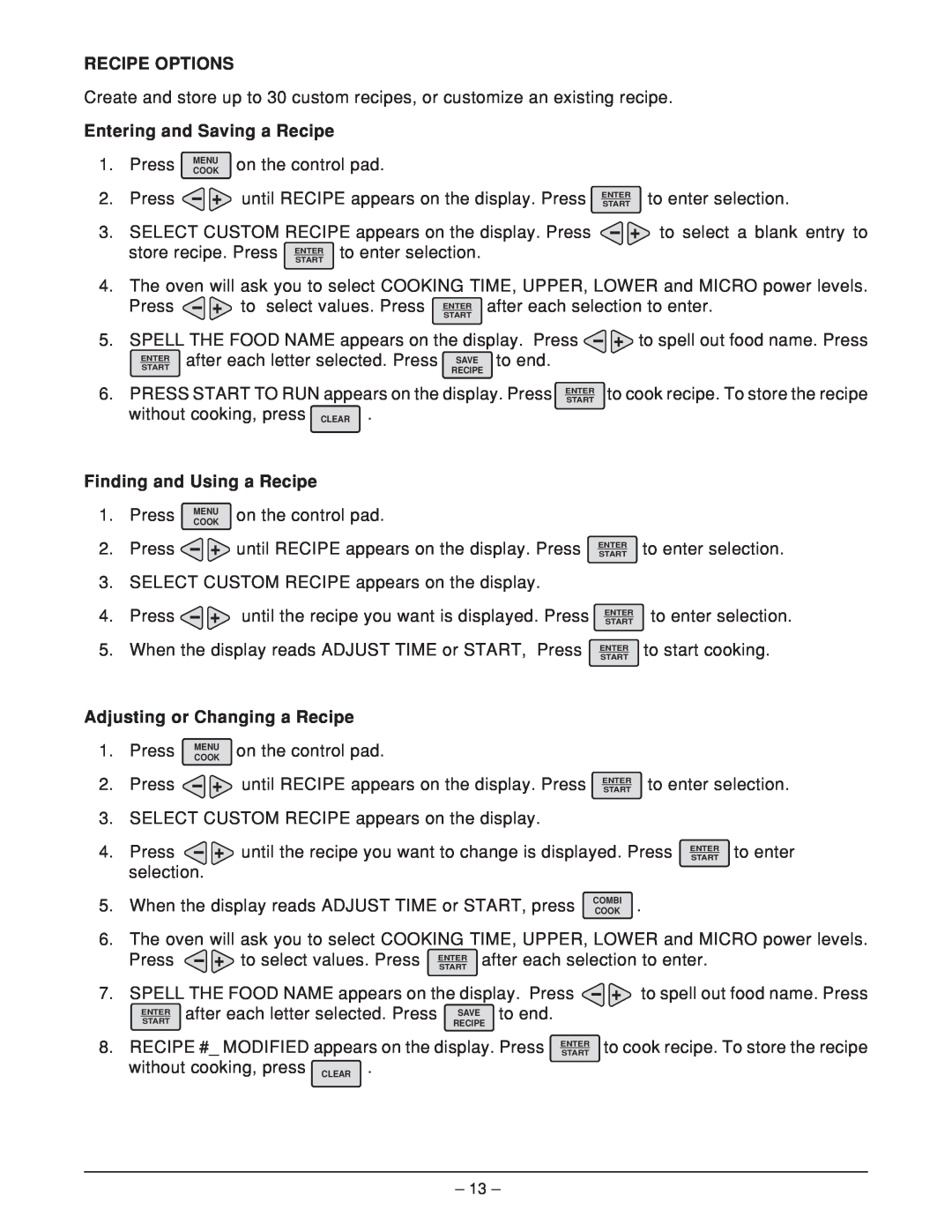 Hobart HFBMW2 ML-126818 manual Recipe Options, Entering and Saving a Recipe, to enter selection, Finding and Using a Recipe 