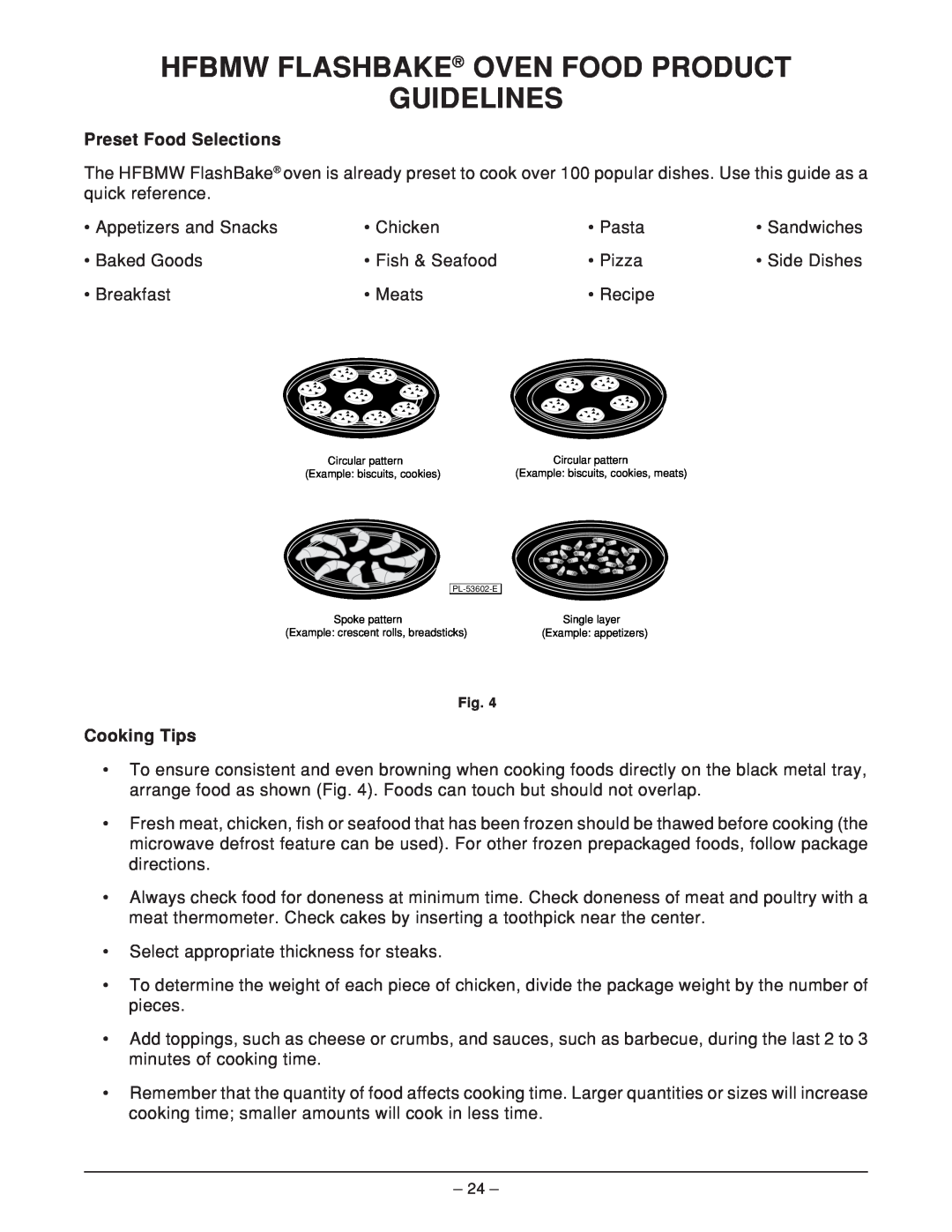Hobart HFBMW3, HFBMW2 ML-126818 manual Hfbmw Flashbake Oven Food Product Guidelines, Cooking Tips, Preset Food Selections 