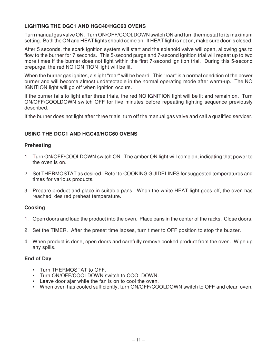 Hobart Lighting the DGC1 and HGC40/HGC60 Ovens, Using the DGC1 and HGC40/HGC60 Ovens, Preheating, Cooking, End of Day 