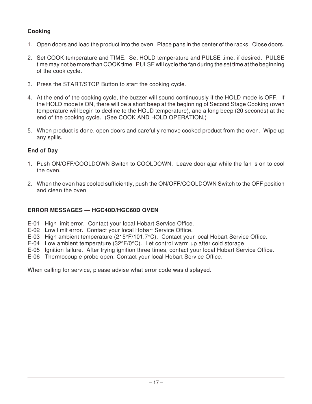 Hobart HGC40D & HGC60D, DGC1 manual Cooking, Error Messages HGC40D/HGC60D Oven 