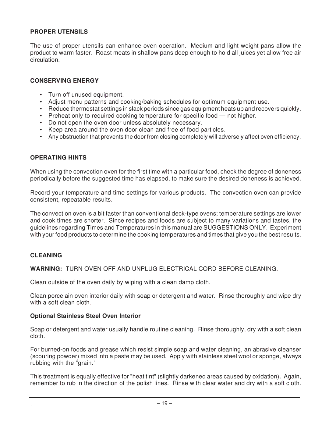 Hobart DGC1, HGC40 Proper Utensils, Conserving Energy, Operating Hints, Cleaning, Optional Stainless Steel Oven Interior 